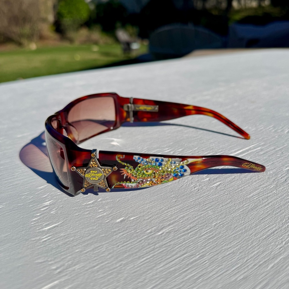 Ed Hardy Vintage Dragon Sheriff Tortoise Sunglasses Featuring Swarovski Crystals